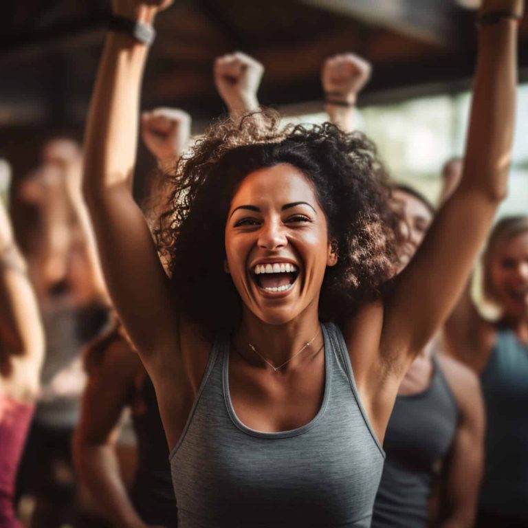 A group of friends participating in a fun and challenging team-building fitness class.