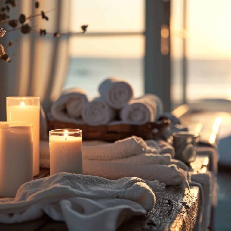 spa table full of towels and white candles.