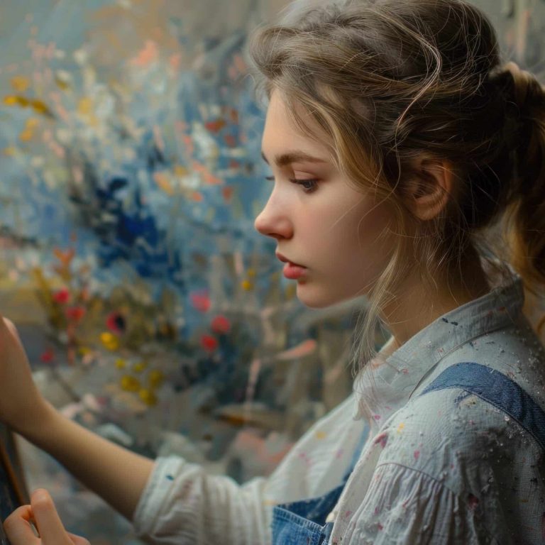 Side view portrait of a focused young woman artist as she paints on a canvas, surrounded by a blur of colors and art supplies in a creative studio setting