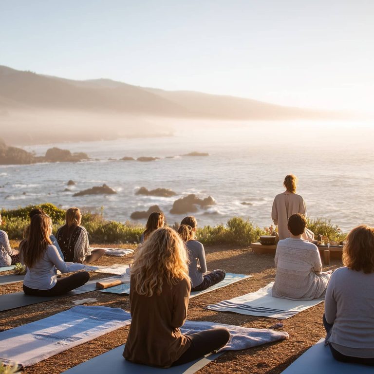 Group sound healing meditation session with diverse people practicing on yoga mats by ocean at sunset. Wellness therapy combining vibration healing and mindfulness retreat.