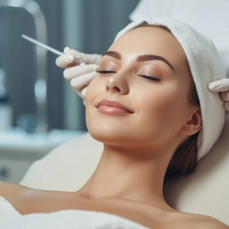 Young woman is getting a rejuvenating facial injections at beauty clinic. Illustration Generative AI